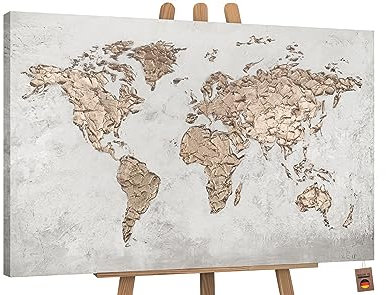 YS-Art Abstrakt Acryl Gemälde auf Leinwand Weltkarte handgemalt Wandbilder Wohnzimmer modern Wohndekor Design Bild grau Gold Welt Karte echte Kunst 120x80 cm