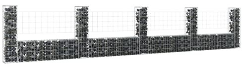 Festnight Gabbione in Rete Metallica, Gabbioni Metallici, per Sassi da Giardino e Esterno, Cesto Gabbione a U con 5 Pali in Ferro 500x20x100 cm