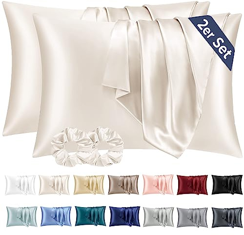 Vielit Set di 2 Federe Raso 50x80cm & 2 Scrunchies, Design con Chiusura A Busta, Morbido come una Federe Seta Cuscino, Federe Cuscini 50x80 Beige