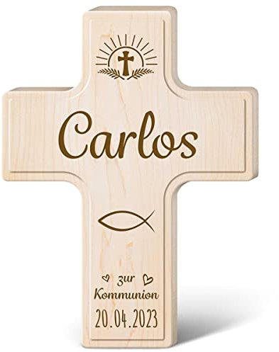 GRAVURZEILE Personalisiertes Holzkreuz mit Gravur - Zur Kommunion - Personalisiert mit Namen & Datum - Holzkreuz für Kinder - Geschenk zur Erstkommunion für Jungen & Mädchen - 19 x 14 cm