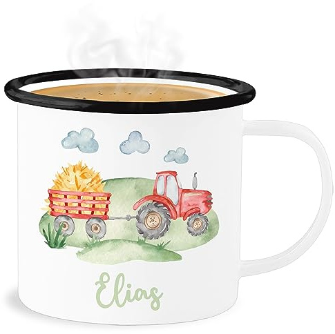 Emaille Becher Blechbecher - Traktor Trecker Bauer Schlepper Landwirtschaft Bulldog - 300 ml - Weiß Schwarz - tasse bauernhof personalisierte kinder geschenke traktoren tractor tassen traktortasse