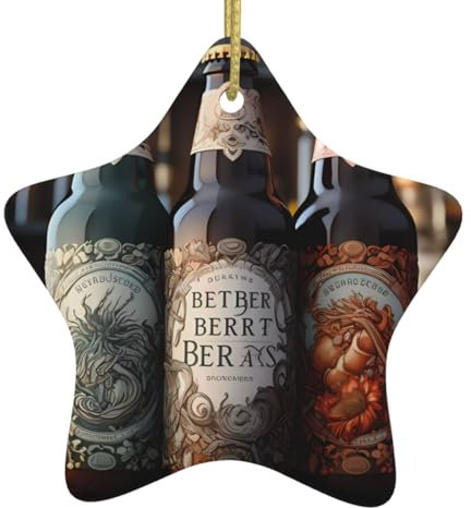 TRUKD 3 Bierflaschen Keramik Stern Ornament mit goldener Kordel für festliche Dekoration - für Weihnachtsbaum, Geschenke.