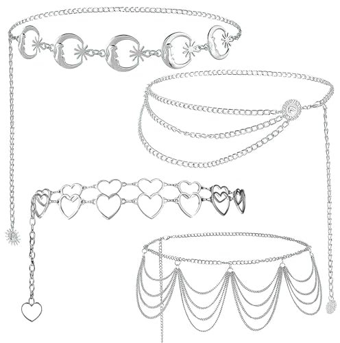 4 Stück Taillenkette Verstellbarer Silber Kettengürtel, Damen Körperkette Metall Bauchkette, Vintage Körperschmuck Taille Kette Kettengürtel für Kleid Jeans