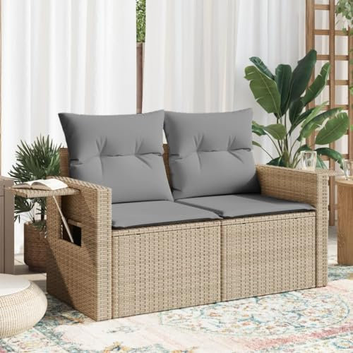 Homgoday Gartensofa 2-Sitzer mit Kissen Balkonmöbel Terrassensofa Balkonsofa Loungesofa Gartenlounge Gartenmöbel Terrassenmöbel mit Klappbare Beistelltisch Poly Rattan Beige und Hellgrau