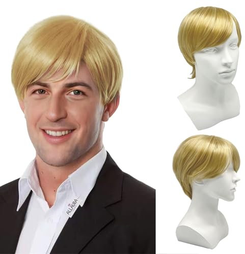 UILYNIU Parrucche Biondo Corte da Uomo, Naturali a Strati Corti Parrucca Capelli con Frangia per Adulti Popstar Costume Parrucche Laterale Parrucca per Uomo anni '70 '80 Cosplay Halloween (Biondo)