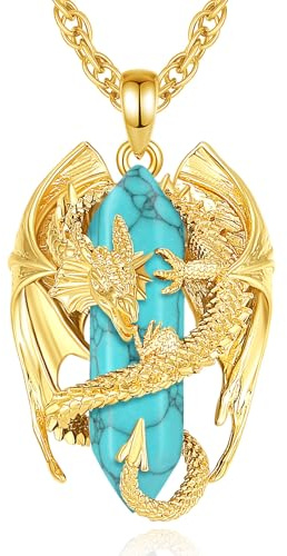 INFUSEU Kristall Drachen Kette, Nordischer Drache Gewickelter Zylinder Edelstein Kristall Anhänger Sechseckiger Heilkristall Anhänger Gothic Naturkristall-Schmuck Geschenk für Männer Frauen