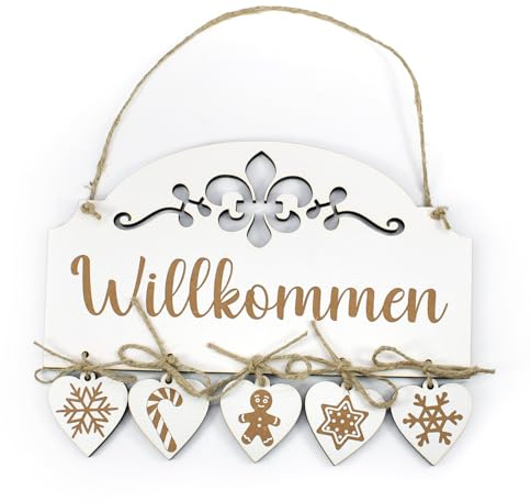 Dekolando Schild Weihnachten Willkommen - mit Herz Anhängern Stern Schnee Lebkuchenmann - Winter Weihnachtsschild Weihnachtsdeko Türdeko 21 x 19 cm