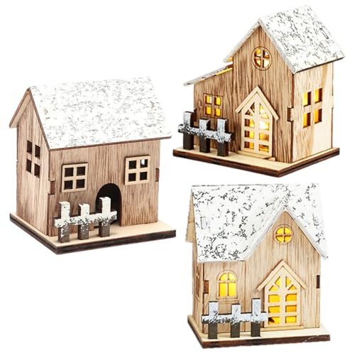 Conjuntos de pueblos navideños 3 piezas de casas de pueblo de Navidad de madera con luces LED que funcionan con pilas, mini decoraciones de casas navideñas para mesa, ventana, dormitorio Conjunto