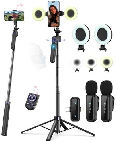 Vlogging Kit for iPhone/Android, 63”Auto Face Tracking Tripod for iPhone with Light, Wireless Microphones, Scrolling Remote Control for TikTok, Content Creator Kit for YouTube Starter