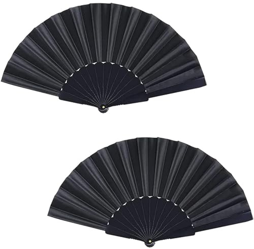 EGEKTBH 2 Pcs Black Folding Hand Fan for Women Men, Chinese Fan Handheld Fan Silk Fabric Fan for Wedding Party Decoration Gifts