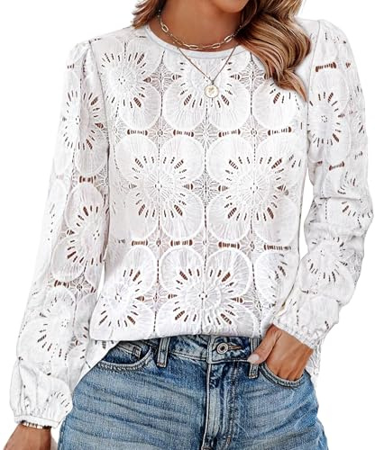 Womens Tops Spring Summer Clothes White Long Sleeve Shirts Dressy Casual Blouses Flower Lace Crochet Going Out Business Work Outfits L