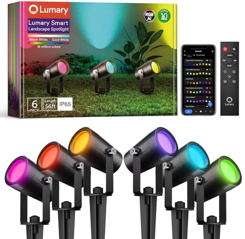 Lumary 56FT Smart Landscape Lights Gen2, 6 Pack RGBAIWW Color Changing Spotlights Low Voltage, Outdoor Lights for Yard, Festival, Compatible with Alexa & Google Assistant