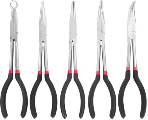 Set di 5 pinze a becco lungo, 28,9 cm, con punta dritta, 25, 45, 90 gradi e tipo O per spazi ristretti