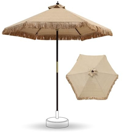 210cm Sombrilla de Paja para Exterior, Parasol de Playa Estilo Hawaiano con Flecos y 6 Varillas para Patio, Jardín, Terraza