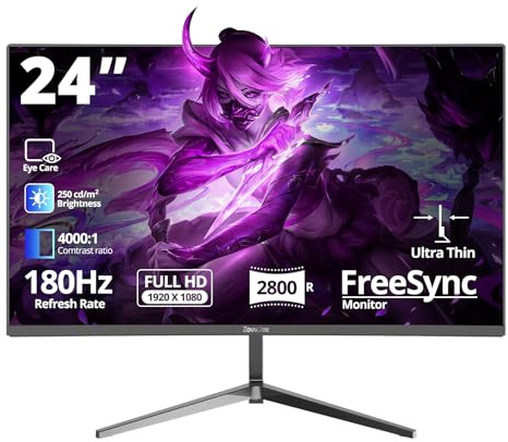 ZovvJee Monitor da gioco curvo da 24 pollici 180Hz, FHD 1080p risposta 1ms, FreeSync, 100% sRGB, cornice ultrasottile, angolo di visione 178°, HDMI/DisplayPort, murale 75x75mm - Nero