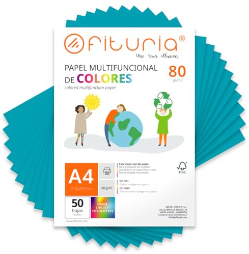 OFITURIA Buntes Papier, 50 Blatt A4 80g – Farbiges Papier für Basteln, Drucker, Scrapbooking – Farbbögen (Türkis, 50 Blatt)