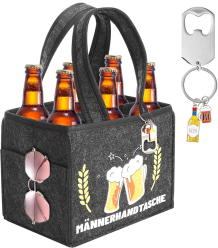 XIEJ Witzige Männerhandtasche Bier, Tragetasche Flaschenträger für 6 Flaschen, Bier Geschenke für Männer mit Flaschenöffner, Bier Geschenke Flaschentasche Filz für Männer, Väter und Bierliebhaber