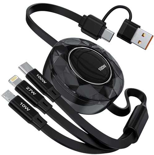 5-in-1 100W Retractable Multi Charging Cable, 5A Fast Charging Cables for Multiple Devices with Lightning/Type C/Micro USB Ports, USB Multi Charger Cords for iPhone 16 15 14, iPad, MacBook (Black)