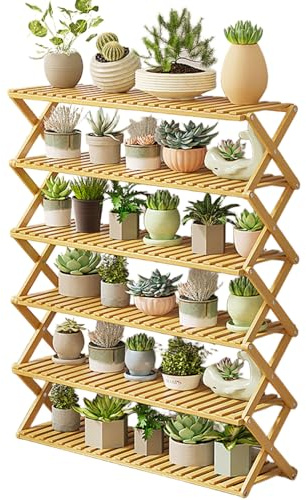 Bamboo Plant Stand Rack - 6 Tier Folding Shelf for Indoor Outdoor Flower Pot Holder, Height for Garden, Patio, Balcony Display