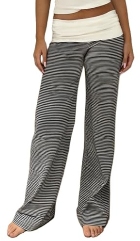 FOMOYUU Women's Fold Over Lounge Pants Low Rise Wide Leg Yoga Sweatpants Stretchy Bell Bottoms Leggings Roll Over Pants (White+Black, L)