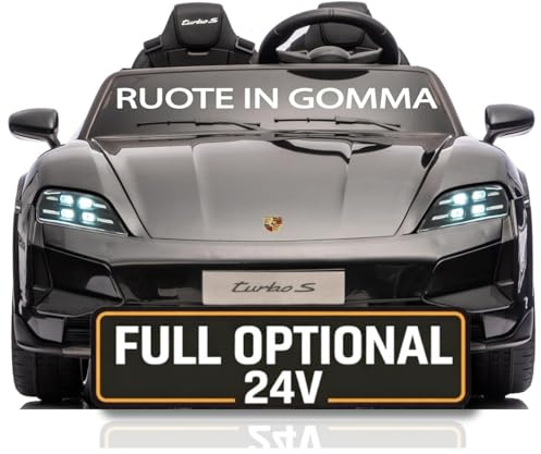 Porsche Taycan Turbo S 24V Auto Elettrica per Bambini 2 Posti Macchina con Telecomando Ruote in Gomma Due Cinture a 3 Punti Luci LED Bluetooth Full Optional Carico Massimo 60 Kg Nero
