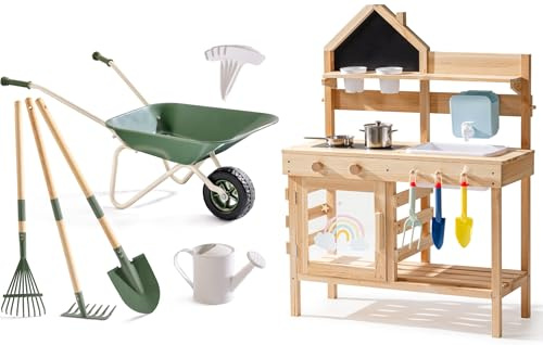 ROBOTIME Outdoor Mud Kitchen for Kids – with Kids Wheelbarrow with Gardening Set – Metal Wheelbarrow Toddler Outdoor Play Toy with Garden Tools