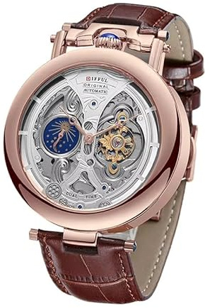 W WOLF-CUB Tourbillon vattentät automatisk mekanisk klocka med äkta läderrem och rostfritt stål månfaser genomskinliga skelettklockor, brun&roséguld, Företag