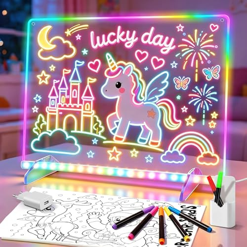 Cosmody LED-Zeichenbrett für Kinder, 35 x 25 cm, 7 Marker und Vorlagenbuch | Leuchtende Acryl-Tafel mit 8 Farben, 6 Lichteffekten, trocken abwischbar für kreatives Neon-Doodling Das perfekte Geschenk