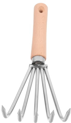 Homoyoyo Rastrillo de Mano Pequeño de Acero Inoxidable con 5 Púas de Color Claro, Mango Corto de Madera Ergonómico, Herramienta Manual para Jardinería, Deshierbe y Aireación del Suelo,