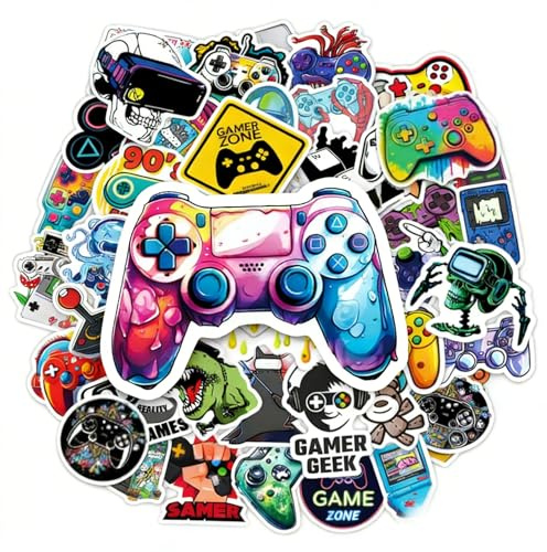 Gaming Controller Stickers Pack – 50 Pcs Waterproof Vinyl Gamepad Stickers for Kids and Teens – Cartoon Gaming Decals for Water Bottles, Laptop, Phone, Skateboard and Travel Case