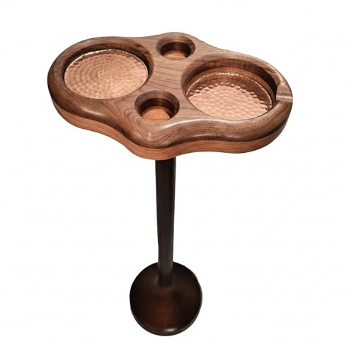 TYECOON WOODCRAFTS Handmade Walnut Pedestal Stand with Copper Beverage Tray and Accessory Basin – Luxury Side Table with Integrated Rest Notch for Lounge Accessories