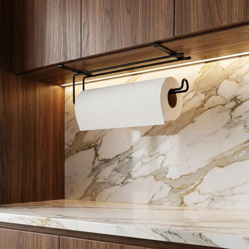 Soporte para rollos de cocina de 27 cm, sin agujeros, soporte para papel de cocina, soporte para rollos de papel de cocina, bajo armario, acero inoxidable, negro, organizador de cocina, estable para