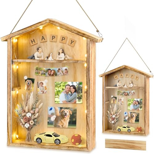 3D Bilderrahmen zum Befüllen, 36×28cm, 8cm Tief, Holz DIY Bilderrahmen | Beige Bilderrahmen mit 1M Licht, Füllbar Fotos Kunstwerke Blumenstrauß Souvenir, Ideales Geschenk für Familie oder Freunde