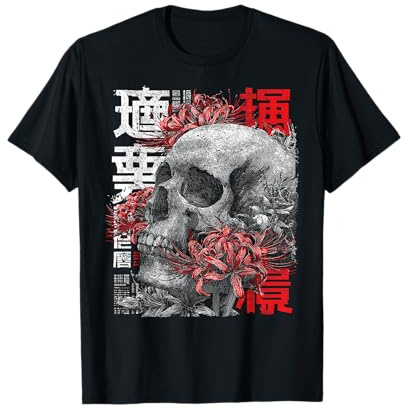 Rosso Ragno Giglio Fiore Cranio Scheletro Anime Giapponese Maglietta