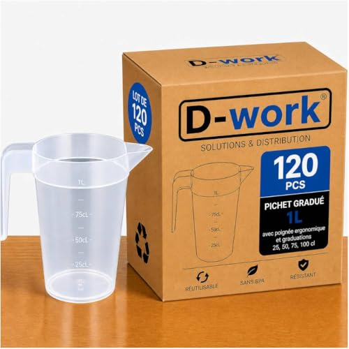 Jarra graduada 1 L con mango ergonómico y graduaciones 25, 50, 75, 100 cl - D-Work