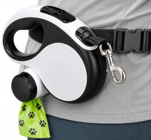 Hands-Free Retractable Dog Leash with Waist Belt, 16Ft Extendable | for Small & Medium Size Dogs | Comfortable Design Great for Walking and Jogging | Removable Poop Bag Dispenser
