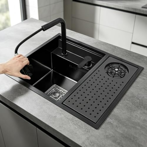 Lavello Nascosto In Acciaio Inossidabilecucina Con Coperchio Rubinetto | Per bar camper balcone, monolocale, lavabo da esterno e lavamani. Lavabo da appoggio salvaspazio(Sink+faucet B)