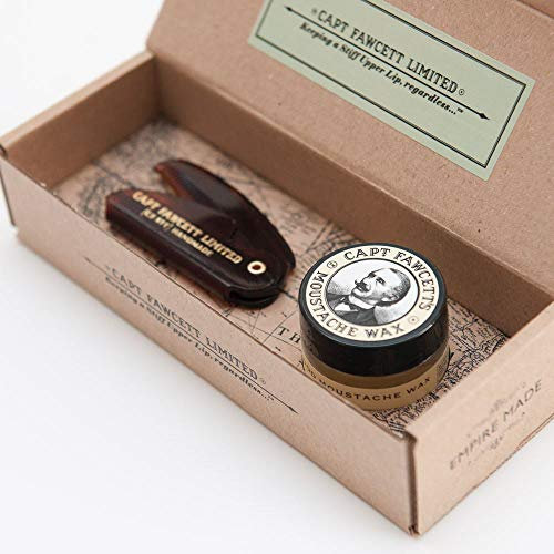Captain Fawcett's Moustache Wax (Sandalwood Scent) & Folding Pocket Moustache Comb (CF.87T) Gift Set - Made in England by Captain Fawcett's