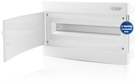 Intratec Sicherungskasten Unterputz 1 reihig – Unterputz Verteilerkasten IP40 für 18 Module mit weißer Tür und Hutschiene für einfache Elektroinstallation Zuhause & Gewerbe – 232 x 392 x 106 mm