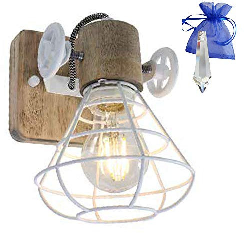 Christoph Palme Leuchten Deckenleuchte Holz Metall Gitter Spot 1-flammig Weiß E27 Wandleuchte im industriellen rustikalen Vintage Look 1578W + Kristall GiveAway