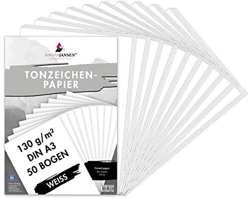 MarpaJansen Tonzeichenpapier Weiß Matt, DIN A3, 50 Bogen, 130g/qm, Blauer Engel zertifiziert