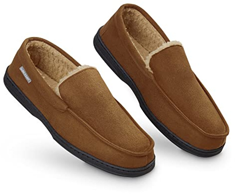 Dunlop Moccasins Slippers Men | Moccasin Loafers Faux Sheepskin Slippers with Rubber Sole | Classic Memory Foam Plush House Slippers | Breathable Indoor Outdoor Shoes | Gifts for Men (10 UK, Brown)