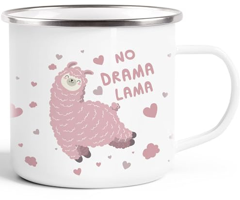 MoonWorks Emaille Tasse Becher Spruch No Drama Lama Tier Motiv rosa Kaffeetasse Kindertasse Weiss-metall Emailletasse