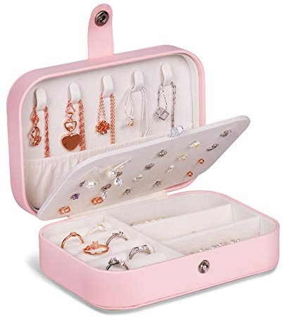 JOYUE Joyero Pequeña, Joyero portátil de Viaje para Mujer, Jewelry Organizer para Anillos Aretes Pendientes Pulseras y Collares, 16,5 x 11,5 x 5,5 cm (Rosado)