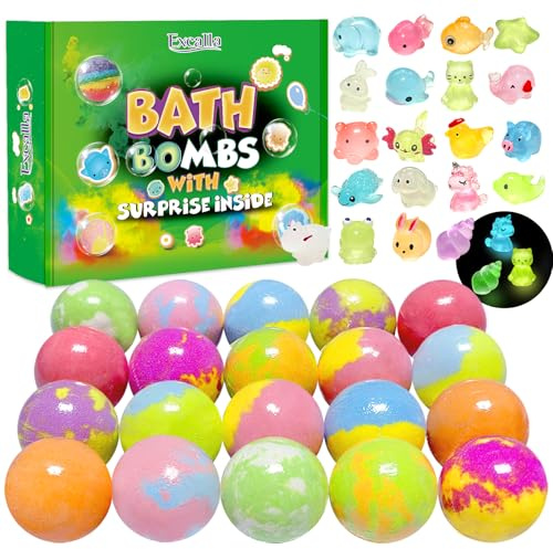 Bath Bombs for Kids with Surprise Toys Inside, 20 Pack Kids Bath Bombs with Glow in The Dark Toys, Natural Handmade Bubble Bath Fizzy Ball, Birthday Christmas Gift Set for Girls Boys