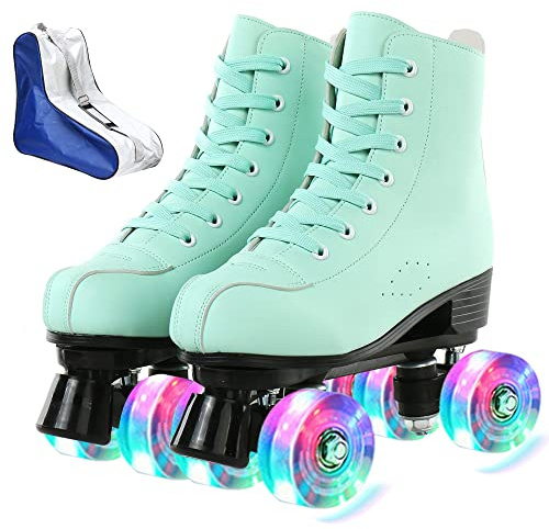 XUDREZ High-Top Roller Skates for Women - Cozy Green PU Leather, Indoor Outdoor Double-Row Skates for Beginners with Shoes Bag (Flash Wheel, 38)