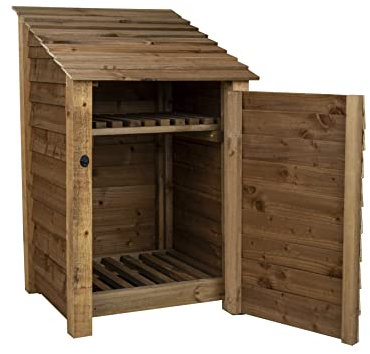 Arbor Garden Solutions wooden log store 4ft with door, firewood storage (W-79cm, H-126cm, D-88cm), brown finish (With kindling shelf)