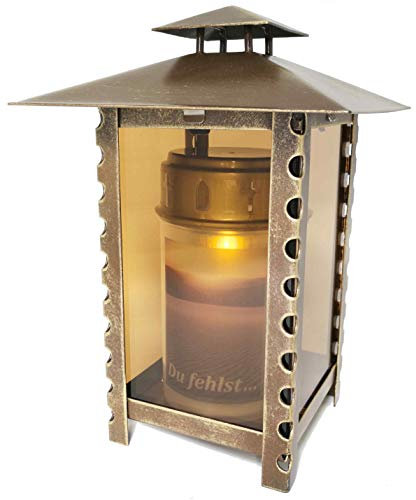 Grablaterne aus Stahl eckig mit Parsolglas und Lochmuster in den Streben inkl. LED-Kerze 21 cm (Bronze)