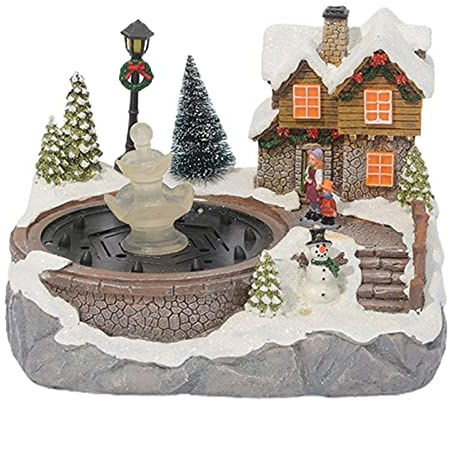 jbshop Fengshui Fuentes Navidad Aldea Escena Ornamento Colorido DIRIGIÓ Resina iluminada Snow House Music Fountain Fuente de Agua Estatuas animadas Estatuillas Hogar Cascada de Fuente (Color : A)