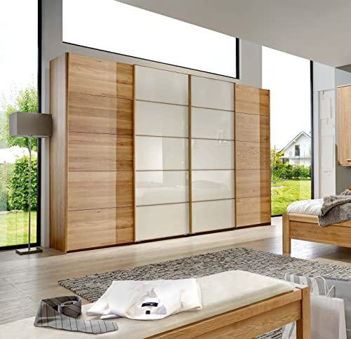 WIEMANN Kleiderschrank Kiruna, Schwebetürenschrank, Schlafzimmerschrank, mit Schiebetüren, 4-türig, Breite 330 cm, Eiche, Glas Champagner, B/H/T 330 x 236 x 67 cm